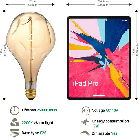 Oversized Vintage LED Edison Bulb With 2200K Warm White Glow Dimmable 5W 400LM Amber Glass next to iPad for size comparison.