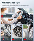 Maintenance tips collage with images of car interior, mechanic checking wheel, car braking and turning at high speed.