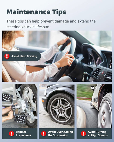 Maintenance tips collage with images of car interior, mechanic checking wheel, car braking and turning at high speed.