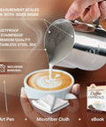 Stainless Steel Milk Frothing Pitcher 12oz 350ml With Dual Inside Measurement Scales For Precise Pouring And Latte Art Espresso Cappuccino Coffee Steaming Jug Plus Ebook Included, shown pouring milk into a latte