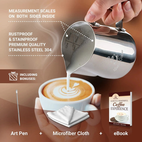 Stainless Steel Milk Frothing Pitcher 12oz 350ml With Dual Inside Measurement Scales For Precise Pouring And Latte Art Espresso Cappuccino Coffee Steaming Jug Plus Ebook Included, shown pouring milk into a latte