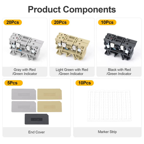 Heavy Duty Din Rail Fuse Holders Terminal Block Kit With Led Indicator Lights and Rock Solid End Plates packaging image with various colors