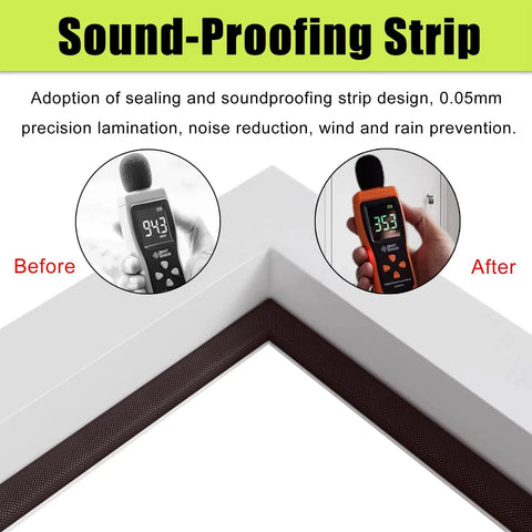 Sound proofing strip with noise reduction data; before and after measurement of decibel levels for home improvement.