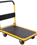 Heavy Duty Folding Platform Cart With Four Inch Rotation Wheels, 360 Lb Load Capacity, Rugged Steel Build For Easy Gear Moves On Any Surface Great For Warehousing, Moving Heavy Gear, And Home Shop Tasks. folding steel platform cart with yellow frame and padded handle