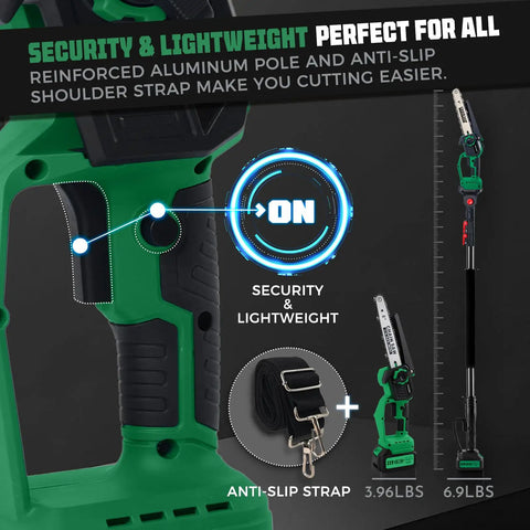 Close-up of 2 In 1 Electric Pole Saw For Tree Trimming with extension pole, showing controls and anti-slip strap