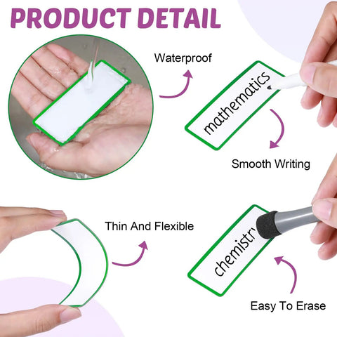 Product detail of 180 Piece Magnetic Dry Erase Labels Kit with reusable magnetic name tags showing writing and erasable features.