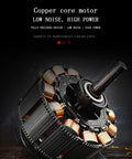 Close-up of a copper core motor, showcasing fully enclosed design for low noise and high power performance.