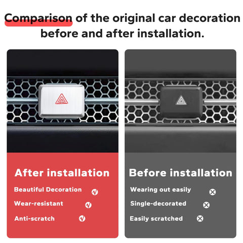 Comparison of hazard warning light button cover before and after installation for Honda Civic CRV HRV Accord Integra 2022 2025