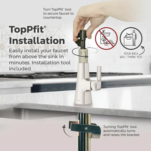 Pfister Vaneri Kitchen Faucet with Pull Down Sprayer, Stainless Steel installation tool in use above a kitchen sink.