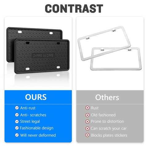 Comparison of Two Pack Silicone License Plate Frame For US And CA Standard Cars with metal frames showing rust resistance.
