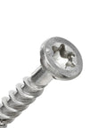 Close-up of Stainless Steel Wood Screws Size Eight By One And Quarter Inch, showing star drive head and partial threaded shaft.