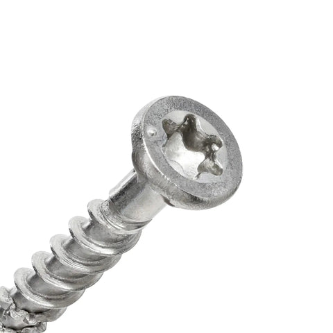 Close-up of Stainless Steel Wood Screws Size Eight By One And Quarter Inch, showing star drive head and partial threaded shaft.