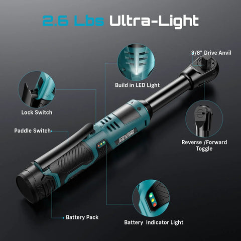 Extended Cordless Electric Ratchet Wrench With Six Inch Long Neck Three Eighth Inch Drive, Two Hundred Twenty RPM, Forty Foot Pounds Torque shown with features like LED light and lock switch.