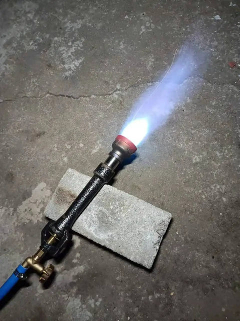 Double Propane Forge Burner Set With Gas Hose And Regulator For Blacksmith Knife Making in action showing flame control