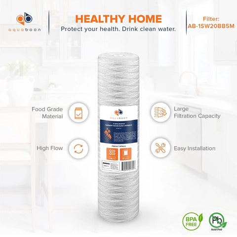 5 Micron Whole House String Wound Water Filter Replacement Cartridge 20 x 4.5 For Well Water Filtration, Heavy Duty Sediment Capture