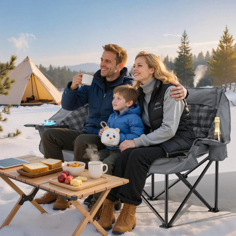 Family enjoying snowy scenery on Two Person Padded Camping Chair For Outdoor Lounging, Heavy Duty Oversized Camping Loveseat, Gray
