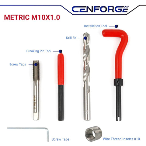M10x1.0 Helicoil Thread Repair Kit For Rethreading Internal Threads, 15-Piece Set With HSS Drill, Insertion Tool, Tap
