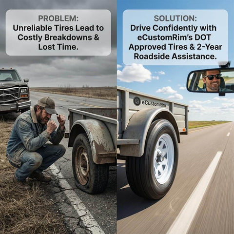 Man with broken trailer tire on road; eCustomRim tire on trailer driving on highway.