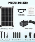 Package contents of Solar Powered Water Fountain Pump Kit With 449 GPH Flow, 25W, Adjustable Dry Run Protection, Monocrystalline Panel