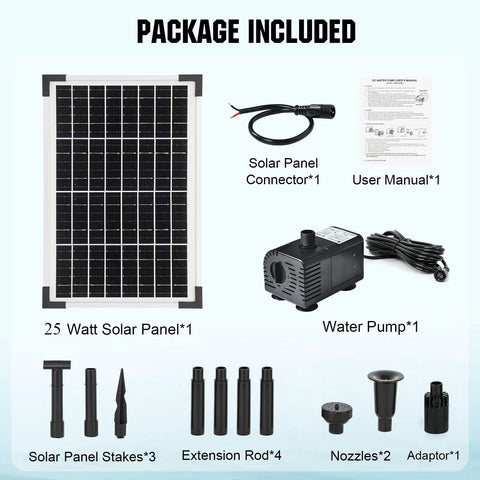 Package contents of Solar Powered Water Fountain Pump Kit With 449 GPH Flow, 25W, Adjustable Dry Run Protection, Monocrystalline Panel