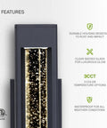 Close-up of 14 Inch Front Wall Light Fixture Outdoor Sconce Black 12W 600LM Waterproof Dimmable 3CCT glass and features icons