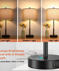 Set Of 2 Tall Touch Control Lamps With USB Ports, 3 Way Dimmable Bedside Nightstand Lights shown in low, medium, and high settings.
