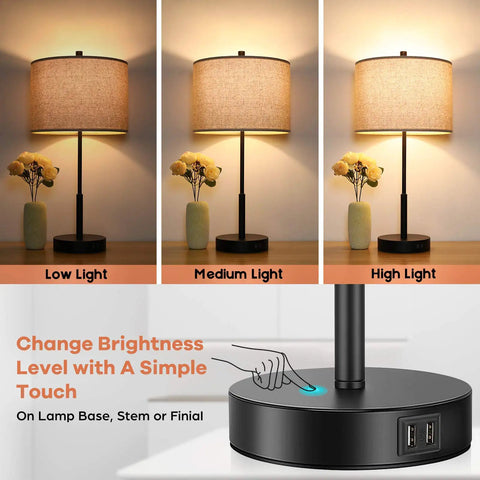 Set Of 2 Tall Touch Control Lamps With USB Ports, 3 Way Dimmable Bedside Nightstand Lights shown in low, medium, and high settings.