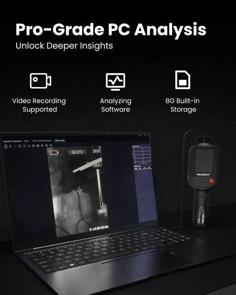 TR20 Pro Dual Lens Thermal Imaging Camera next to laptop showing analysis software