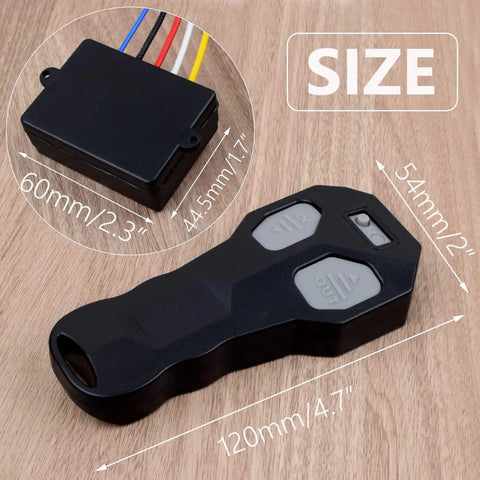 12V Wireless Winch Remote Control Kit 2 Pack With Dual Transmitters Universal Five Wire System For Truck Car ATV SUV Winches Plug And Play Setup 100 Foot Range English Manual Included Works With Most Self Recovery Winches receiver and remote size view on wood surface