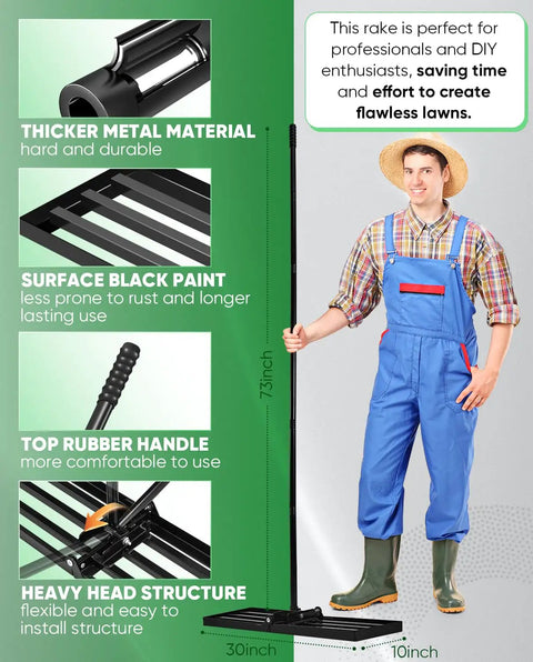 Lawn Leveling Rake For Easy Yard Work 30x10 Inch Head 73 Inch Heavy Duty Tool With Stainless Steel Handle and rubber grip
