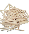 Heavy Duty Real Deal Hardwood Dowel Pins Quarter Inch By Two Inch Six Millimeter Fifty Millimeter Beish Fluted Grip stacked in a pile.