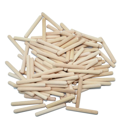 Heavy Duty Real Deal Hardwood Dowel Pins Quarter Inch By Two Inch Six Millimeter Fifty Millimeter Beish Fluted Grip stacked in a pile.