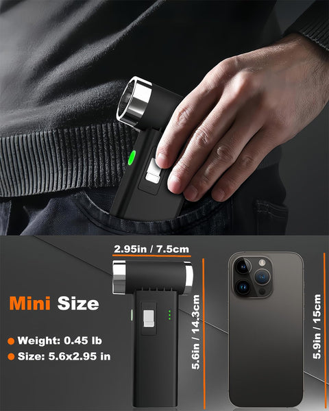 Powerful Cordless Air Duster With 110000 RPM Brushless Motor shown in hand and compared to smartphone for size reference.
