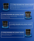 4 hex locknut sockets from the 7 Piece Wheel Bearing Lock Nut Socket Set With Half Inch Drive SAE And Metric 6 Point Axle Nut Sockets