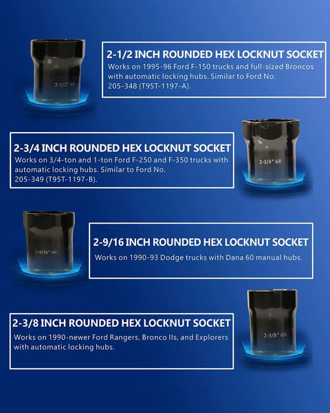 4 hex locknut sockets from the 7 Piece Wheel Bearing Lock Nut Socket Set With Half Inch Drive SAE And Metric 6 Point Axle Nut Sockets