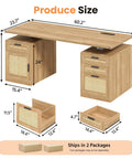 60 Inch Electric Standing Desk With Solid Oak Surface And Rustic Rattan Frame For Home Office dimensions and features layout.