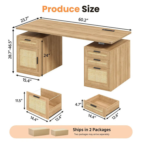 60 Inch Electric Standing Desk With Solid Oak Surface And Rustic Rattan Frame For Home Office dimensions and features layout.