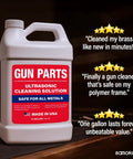 Heavy Duty Ultrasonic Gun Cleaning Fluid One Gallon Pro Strength Mixes Into Eight Gallons, bottle with labels showing use and benefits.