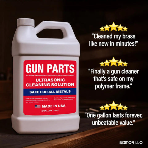 Heavy Duty Ultrasonic Gun Cleaning Fluid One Gallon Pro Strength Mixes Into Eight Gallons, bottle with labels showing use and benefits.