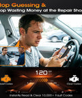 Driver using OBD2 Scanner With Battery Tester 2 In 1 inside car, dashboard readout visible