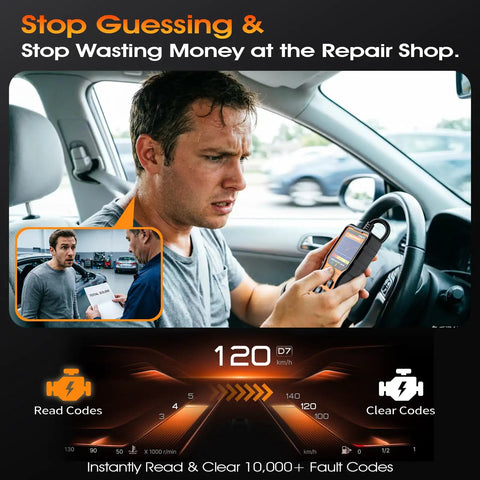 Driver using OBD2 Scanner With Battery Tester 2 In 1 inside car, dashboard readout visible