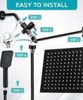 Installation diagram for Beast High Pressure Rainfall Shower Head With Handheld Combo 3 Spray Patterns 78 Inch Hose 13 Inch Brass Extension Arm Matte Black Finish