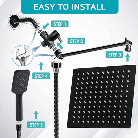 Installation diagram for Beast High Pressure Rainfall Shower Head With Handheld Combo 3 Spray Patterns 78 Inch Hose 13 Inch Brass Extension Arm Matte Black Finish