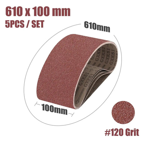 Heavy Duty Abrasive Screen Band Sander Belts For Effortless Grinding And Flawless Polishing, 5 Pack Sized 610X100MM, 100 Grit close-up of sandpaper belt in 610x100mm size.