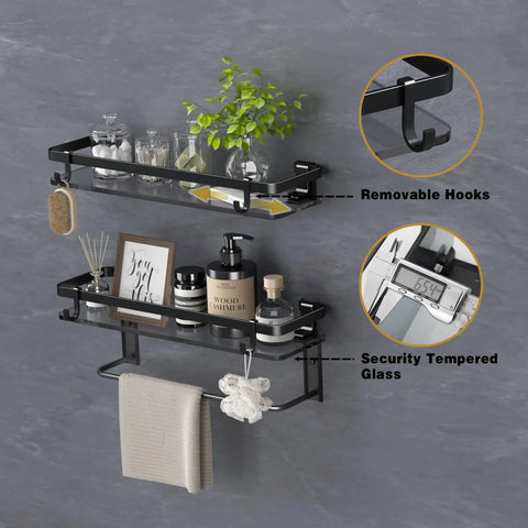 Black Glass Bathroom Shelf Wall Mounted 15.7 Inch Tempered Glass Shelving, two tier with four removable hooks and towels.