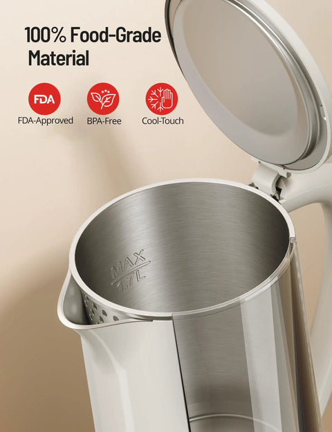 Open view of 1.7L Large Kettle With Temperature Control And LED Screen Quick Heat, displaying stainless steel interior and lid.