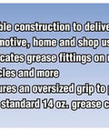 Beefy Standard Duty Lever Grease Gun For 14 Oz Cartridge, One Hand Operation, Corrosion Resistant, Fits Standard Zerk Fittings