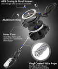 Exploded view of Two-Pack Heavy-Duty Retractable Keychain with Carabiner showcasing aluminum ring, stainless steel coil, and vinyl coated wire rope.