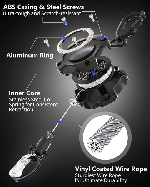 Exploded view of Two-Pack Heavy-Duty Retractable Keychain with Carabiner showcasing aluminum ring, stainless steel coil, and vinyl coated wire rope.