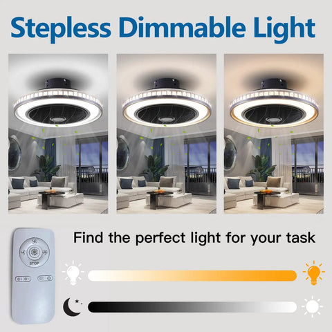 Quiet Bladeless Ceiling Fan With Lights And Remote 20 Inch Black Low Profile Flush Mount Three Speeds Three Light Kit in living room